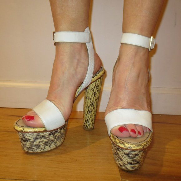 MALENE BIRGER Portugal, White Strap Snakeskin Platform Heels - Picture 1 of 10